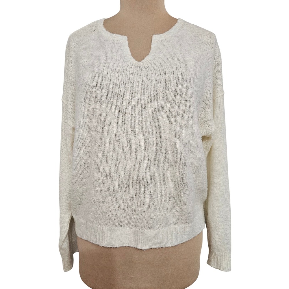 American Eagle Cream Split Neck Knit Sweater Womens Small Relaxed Ivory Pullover